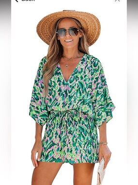 Green & Pink Tropical Print V-Neck Romper